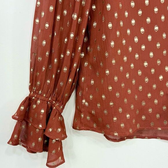 Listicle Rust Brown Gold Metallic Polka Dot Ruffle Long Sleeve Peasant Blouse - Picture 7 of 16